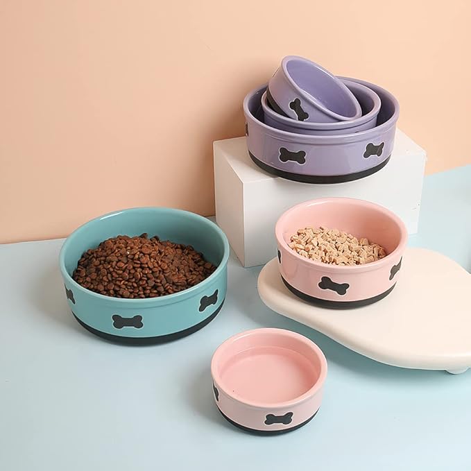 Sweejar Ceramic Dog Bowls with Bone Pattern, Dog Food Dish for Small Dogs, Porcelain Pet Bowl for Water 16 Fl Oz (Purple)