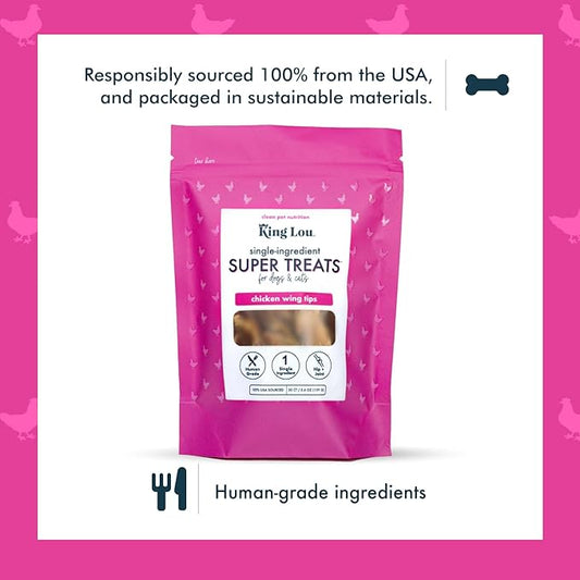 King Lou Pets - Whole Chicken Wing Tips - Dehydrated Raw Chicken Dog & Cat Treats - USA-Made - Rich in Collagen, Glucosamine, Chondroitin for Hip & Joint Health - 30 Count