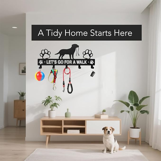 11 Inch 5-Hooks Heavy Duty Metal Dog Leash Holder for Wall - 1.5mm Thick, Rust Resistant with 4 Screws - Decorative Organizer for Collars, Leashes, Keys & Harnesses