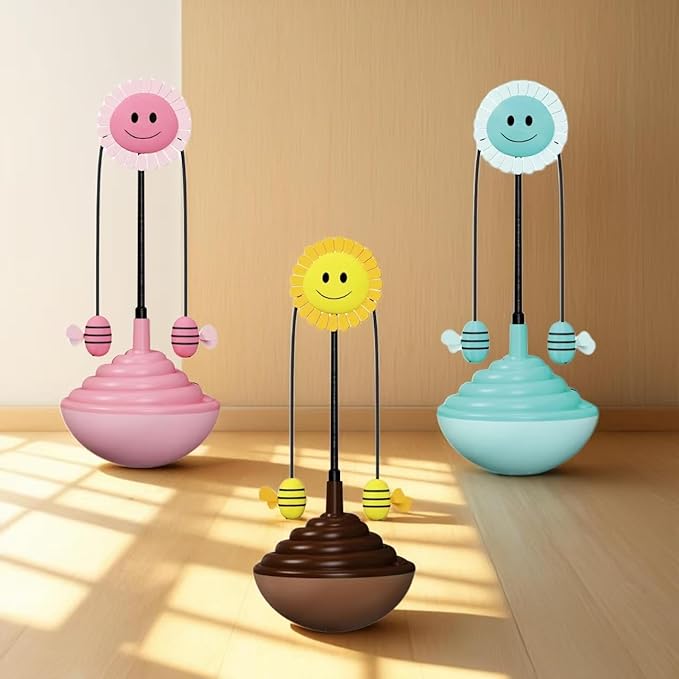 Wobble Cat Toy, an Adorable Interactive Rolling pet Toy Featuring Fun Sunflower Decorations and Feathers to Ignite Your Cat's Hunting Instincts (Blue)