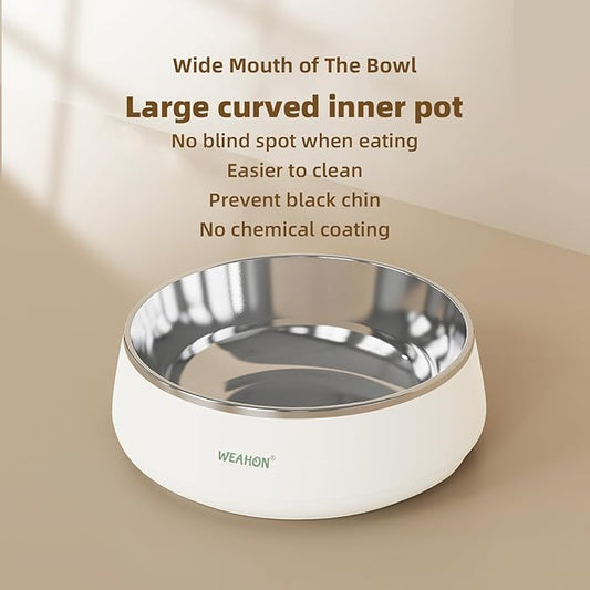 1.3L (44oz) 304 Stainless Steel Pet Bowl, Durable ABS Base with Non-Slip Design and Easy Clean, Chew-Resistant Cat & Dog Food Bowls, Cream White