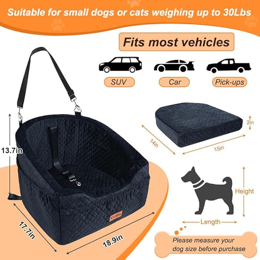 Vivifying Dog Car Seat for Small & Medium Dogs, Detachable & Washable Booster Seat for Pets Up to 30lbs, Travel Bed with Storage Pockets and Safety Belt – Black