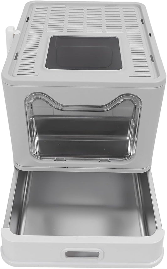 , Stainless Steel Enclosed Cat Toilet Folding Odor Control Simply Pull Out for Pet Shop (#1) (#2)