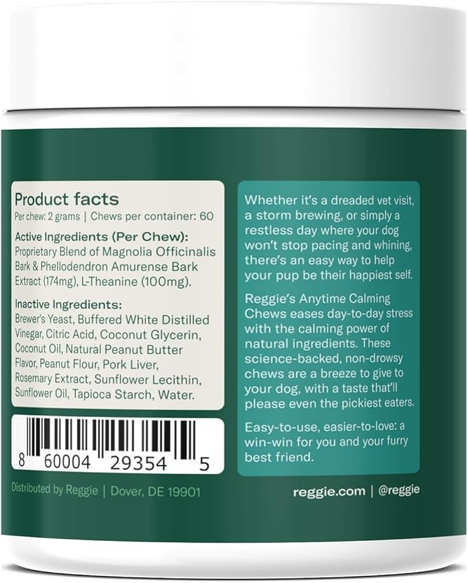 Reggie Anytime Calming Chews for Dogs | Natural Anxiety Relief with L-Theanine & Magnolia Barks | Calming Dog Treats for Separation Anxiety, Thunderstorms, Travel & Stress | 120 Soft Chews