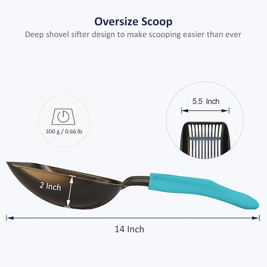 WePet Cat Litter Scoop, Non-Stick Plated Aluminum Alloy Sifter, Kitty Durable Metal Scooper, Deep Shovel, Long Handle, Kitten Pooper Lifter, Size Large, Coated Black Body with Turkish Blue Handle