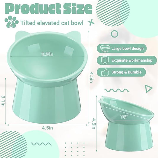 Zhehao 2 Pieces Plastic Raised Bowl Tilted 15 Degrees Elevated Cat Food and Water Bowls Set Anti Vomit Dog Kitten Food Dishes Pet for Cats and Small Dogs(Cat Ears,Green)