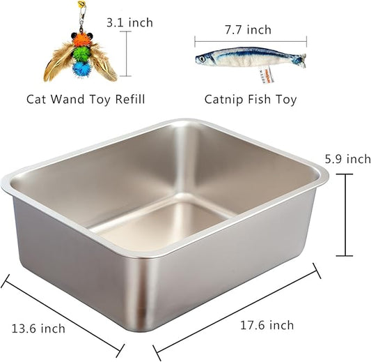 2-Pack Stainless Steel Cat Litter Boxes, Includes Catnip Fish Toy & Wand Feather Toy Refill, Easy to Clean, Pet Toilet Supplies for Kitten, Kitty, Rabbit, Metal Litter Pans for Multi-Cat Homes