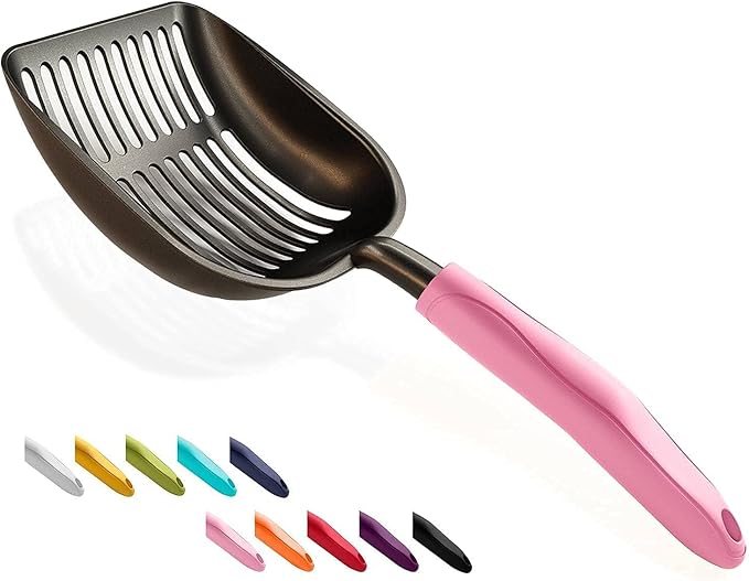 WePet Cat Litter Scoop, Non-Stick Plated Aluminum Alloy Sifter, Kitty Durable Metal Scooper, Deep Shovel, Long Handle, Kitten Pooper Lifter, Size Medium, Coated Black Body with Pink Handle
