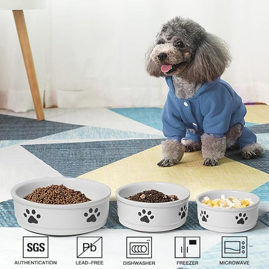 Sweejar Ceramic Dog Bowls with Paw Pattern, Dog Food Dish for Small Dogs, Porcelain Pet Bowl for Water 16 Fl Oz (White)