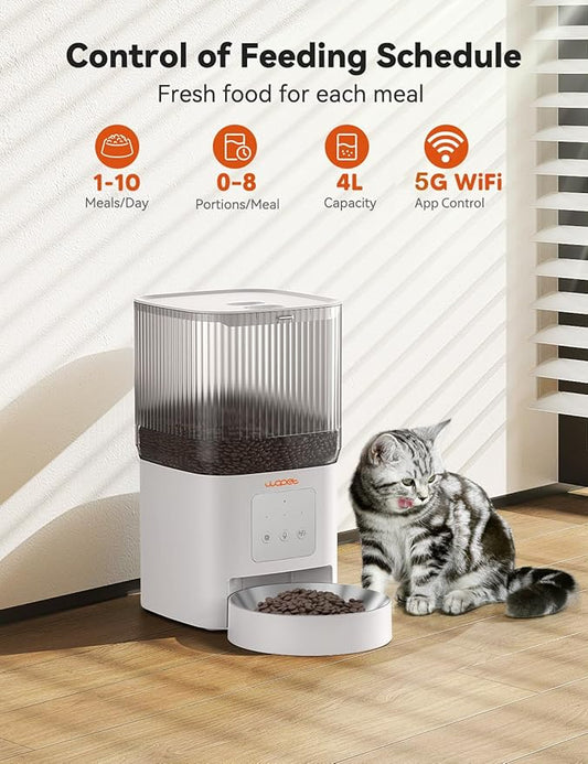 WOPET Automatic Cat Feeder, 5G WiFi Smart Pet Feeder for Dogs and Cats with APP Control, Low Food Sensor, 10s Voice Recorder, Up to 10 Meals Daily, Dual Power Supply, Timed Dog Food Dispenser