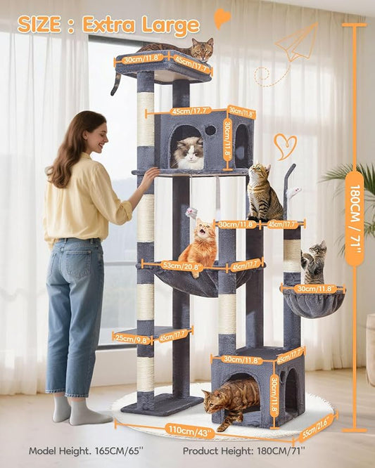 Taoqimiao Heavy Duty Cat Tree for Large Cats 20lbs+, 71 Inches Tall Cat Tower, 2 Cat Condo with 6 Scratching Posts, Super Large Hammcock, Cat Toys, Cozy Basket, Smoky Gray, MS037G