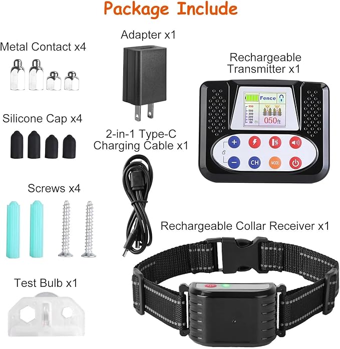 Wireless Dog Fence, 2024 Pet Boundary Containment System, Electric Dog Fence & Remote Training Collar 2in1, Adjustable Vibration & Shock, IP65 Waterproof Collar for Large and Medium Dogs ,for4dogs