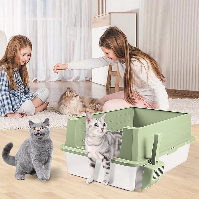 XXXL Stainless Steel Litter Box, 27.6" H x 19.7" W x 11.8" H Extra Large Metal High Sided Cat Litter Box with Scoop, Leak-Proof, Easy Clean for Big Cats/Multiple Cats (Green)
