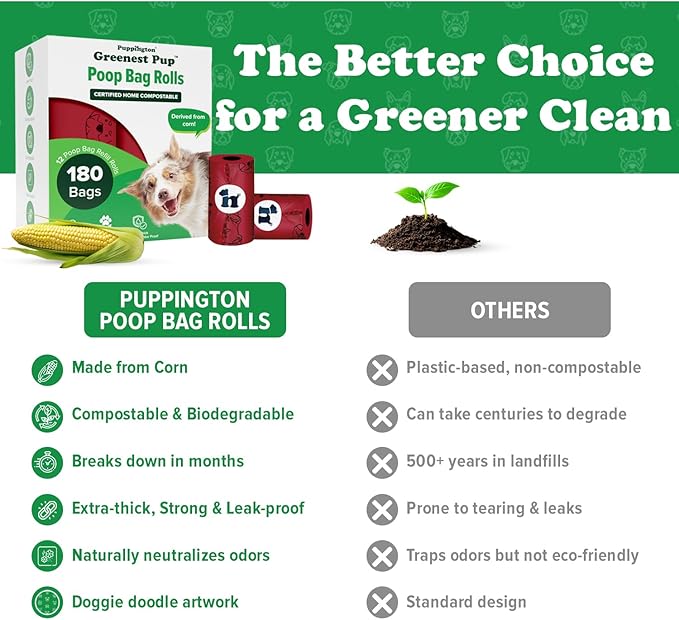 Puppington Certified Home Compostable Poop Bags - ASTM D6400 Compliant - 180 Extra Thick Bags - Plant Based - Pairs with Puppington 3-in-1 Bag & Fits all Standard Poop Bag Dispensers (Ruby Red)
