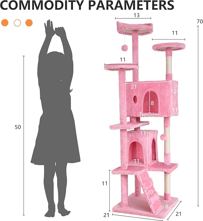 BestPet | 70" Cat Tree Tower | Pink | Sturdy, Easy to Assemble, Multi-Level Activity Center with Sisal Scratching Posts, Condos, Perches, Hanging Cat Toys, Observation Decks & Ladder