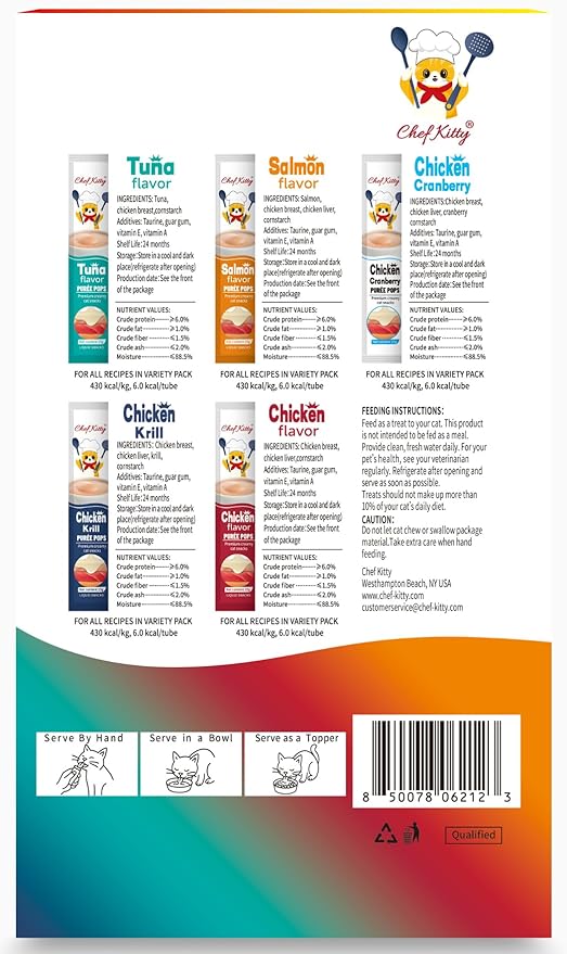Purée Pops, Cat Treats, Grain-Free, Lickable, Squeezable Creamy Cat Treat/Topper with Vitamin E & Taurine, 0.5 Ounces Each Tube, 10 Tubes, Chicken and Seafood Mix Variety