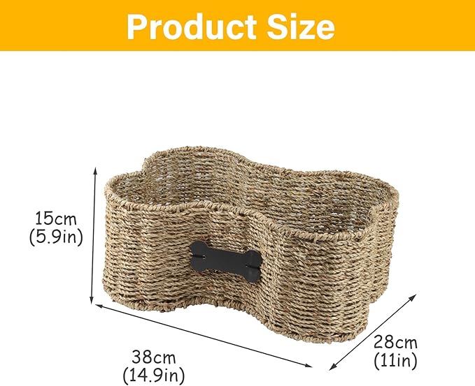 Personalized Dog Toy Bin - Bone Shape Dog Toys Storage & Organizer Boxes for Living Room - Handmade Seagrass Basket