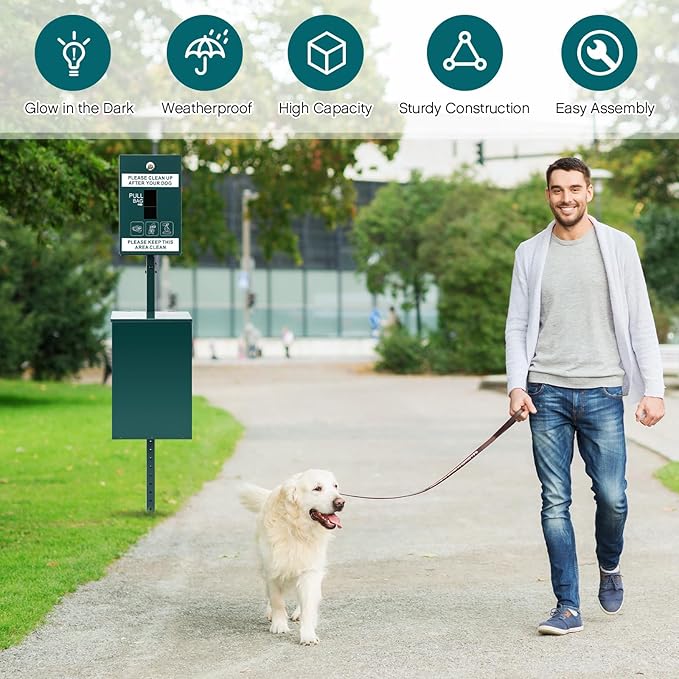 Blulu Dog Waste Station Outdoor Dog Waste Trash Can with Poop Bag Dispenser and 600 Can Liners Galvanized Steel Pet Poop bin Reflective Sign Rust Proof pet Trash Bin for Commercial Park Backyard