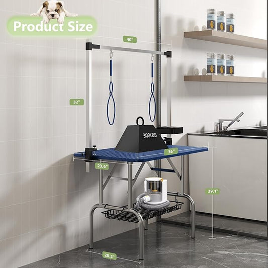 VFK 36''/47''Large Dog Grooming Table, Foldable Pet Station at Home, Dog Grooming Table,Adjustable Cat Drying Desktop with Arms, Nooses, Mesh Tray (Stainless Steel pet Table, 36" Blue)