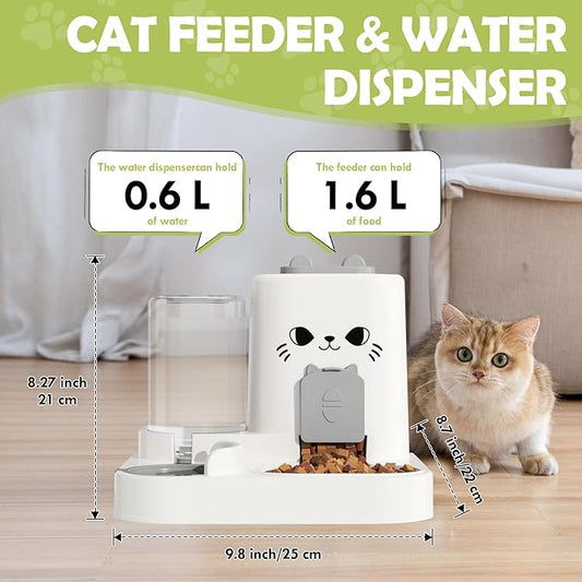 1.6L Auto Gravity Pet Feeder and 0.6L Water Dispenser Set, Automatic Cat Food and Water Dispenser, Gravity Pet Feeder for Small Medium Dog Puppy Cat Kitten (Gray)
