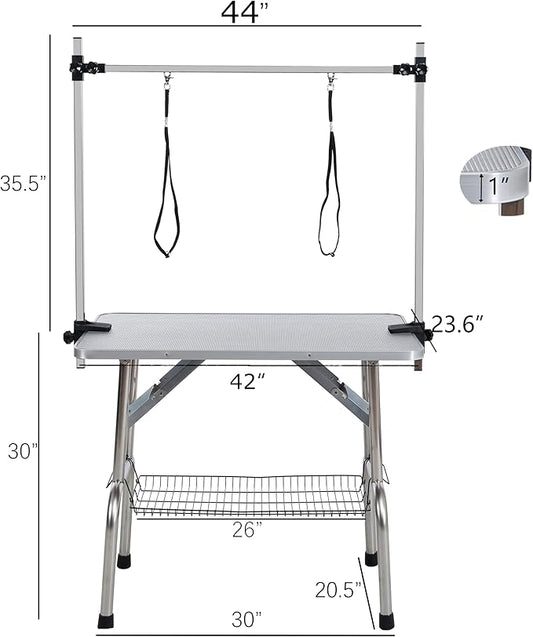 Pet Grooming Table, 42" Adjustable Height Dog Grooming Table with H-Type Arm & Stainless Steel Legs, Non-Slip E1 Grade Top, Tool-Free Folding, Portable for Professional & Home Use(Silver grey, 42inch)