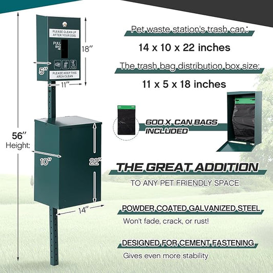 Blulu Dog Waste Station Outdoor Dog Waste Trash Can with Poop Bag Dispenser and 600 Can Liners Galvanized Steel Pet Poop bin Reflective Sign Rust Proof pet Trash Bin for Commercial Park Backyard