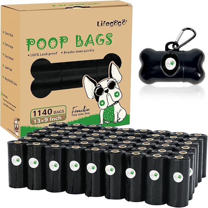 Dog Poop Bags 1140 Count (57 Rolls), Unscented Leak-Proof Waste Bag, 13x9" Black Doggy Poop Bags with Bone-Shaped Dispenser, Extra Thick & Easy Detach
