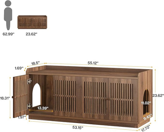 Tribesigns 2 Cats Litter Box Enclosure, 55.1-Inch Extra Large Hidden Litter Box Furniture with 2 Cabinets and Side Entry, Wooden XL Cat Washroom Furniture with Storage for Living Room, Rustic Brown