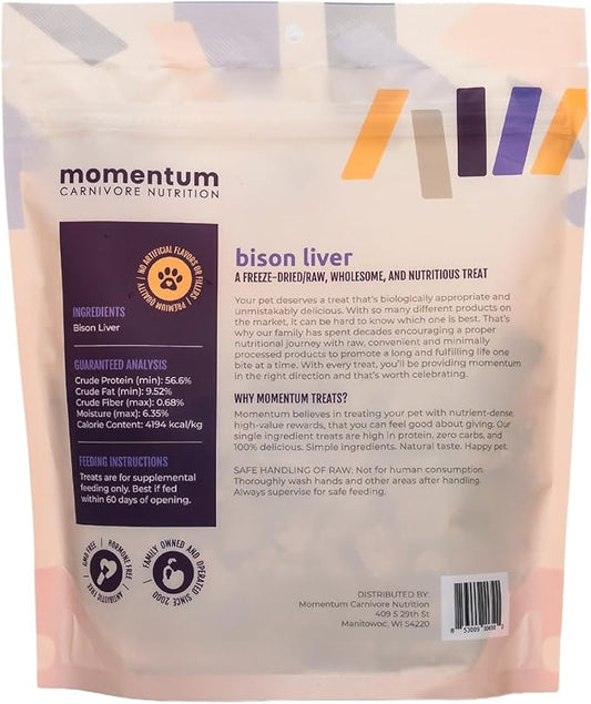 Momentum Carnivore Nutrition Freeze-Dried Bison Liver Dog Treats – Single-Ingredient, Dog & Cat Treats – High-Protein, Grain-Free– 4 oz Pack