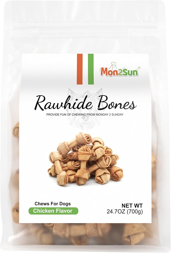 MON2SUN Dog Rawhide Knot Bones Small Rawhide Bones Mini Chews Chicken Flavour 2.5 Inch 100 Count for Puppy and Small Dogs