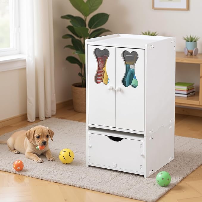 22.84 x 12.99 x 12.6 Inch Pet Wardrobe Closet Dog Toy Clothes Storage Organizer with Doors and Telescopic Hanging Rod Combinable Drawers Closet Rack for Small Dog Cat Toys Clothes Accessories