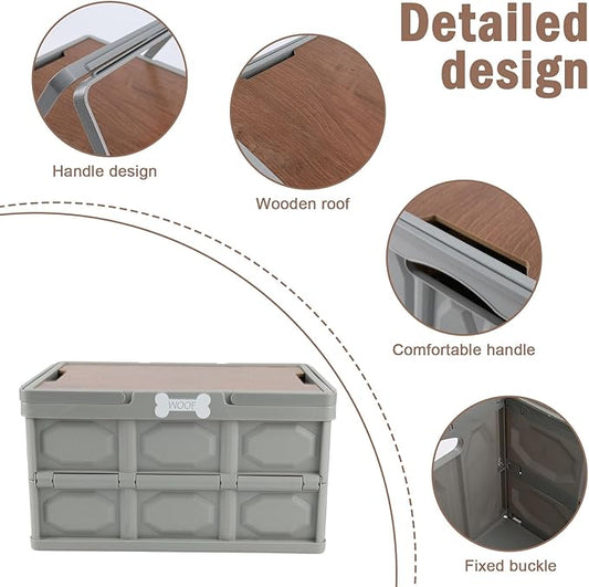 Outdoor Dog Toy Bin wtih Handles,Collapsible Dog Stuff Organizer Portable,Pet Storage Basket with Wood Cover for Dog Toys/Snack/Camping Essentials,Ideal for Car Trunk,RV Trip,Picnic-Gray
