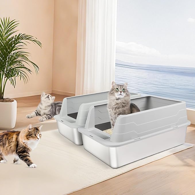 2 Pack Stainless Steel Litter Box, XL 22.9”x15”x 10.3” High Sided Metal Cat Litter Tray with Scoop, Cat Litter Box for Anti-Splash, Odor Control, Non-Sticky, Easy to Clean (Light Grey)