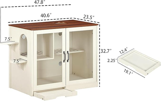 47.8'' Dog-Proof Large Cat Litter Box Enclosure with Super Convenient Litter Collector,Cat Litter Box Cabinet with Litter Leak Walkway and Glass Doors for Better View,White