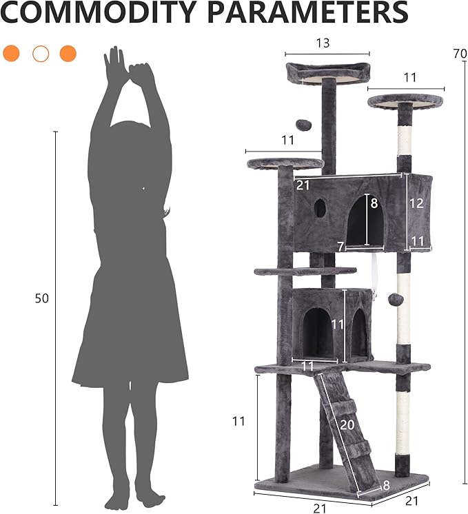 BestPet | 70" Cat Tree Tower | Light Gray | Sturdy, Easy to Assemble, Multi-Level Activity Center with Sisal Scratching Posts, Condos, Perches, Hanging Cat Toys, Observation Decks & Ladder