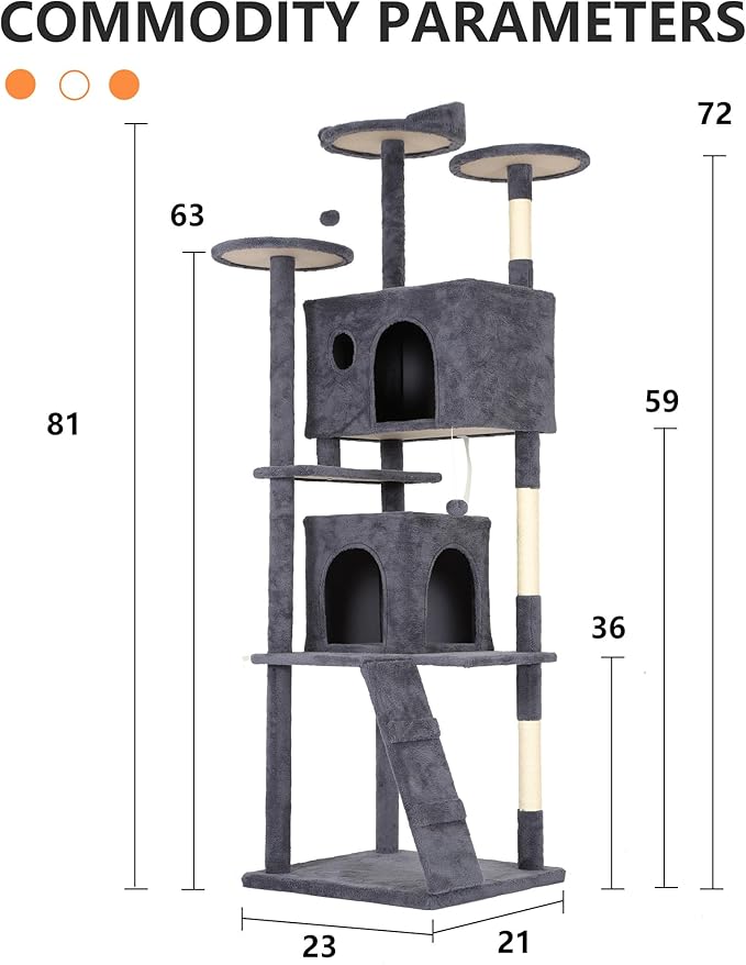 BestPet | 81" Cat Tree Tower | Dark Gray | Sturdy, Easy to Assemble, Multi-Level Activity Center with Sisal Scratching Posts, Condos, Perches, Hanging Cat Toys, Observation Decks & Ladder