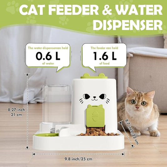 1.6L Auto Gravity Pet Feeder and 0.6L Water Dispenser Set, Automatic Cat Food and Water Dispenser, Gravity Pet Feeder for Small Medium Dog Puppy Cat Kitten (Green)