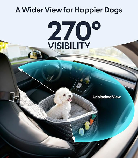 Wigoo Dog Booster Car Seat for Small & Medium Dogs up to 35 lbs, Elevated Pet Seat with Comfort Support, Detachable & Washable Cover, Storage Pockets, and Dog Safety Belt (Black/Grey)