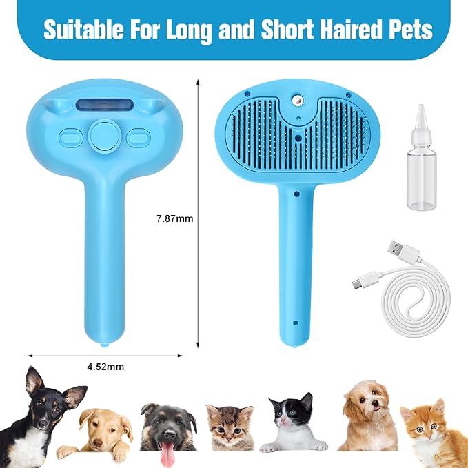4-in-1 Pet Steam Brush for Dogs,Self-Cleaning Cat&Dog Brush for Shedding Long & Short Haired Dogs,Gentle Cat Steam Brushes for Indoor Cats with Spary Pet Hair Remover for Massage,Grooming Blue