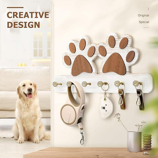 MTERSN Farmhouse Key Holder for Wall - Decorative Dog Leash Hanger and Coat Rack Wall Mount with 6 Unique 3D Claw Hooks - Dog Toys Organizer for Rustic Home Decor (White)