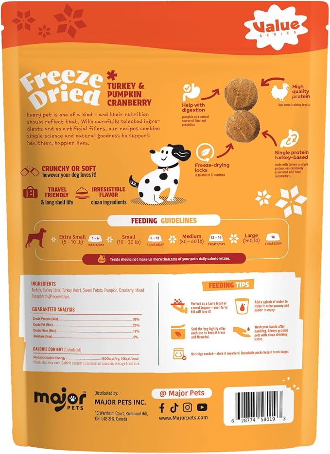 MAJOR PETS Freeze Dried Turkey & Pumpkin, Cranberry Dog Treats, Single High Protein, 100% Natural, Help with Digestion, Grain Free, Training Bites & Meal Topper for Dogs, Made in The USA, 10oz
