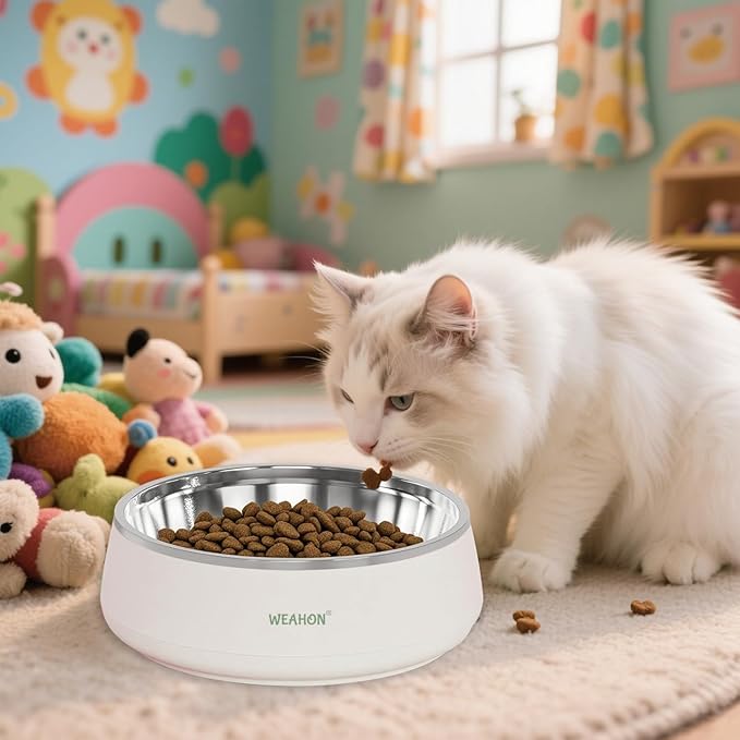 1.3L (44oz) 304 Stainless Steel Pet Bowl, Durable ABS Base with Non-Slip Design and Easy Clean, Chew-Resistant Cat & Dog Food Bowls, Cream White