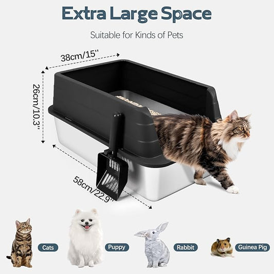 3 Pack Stainless Steel Litter Box, XL 22.9” x 15” x 10.3” High Sided Metal Cat Litter Tray with Scoop, Cat Litter Box for Anti-Splash, Non-Sticky, Easy to Clean (Black)