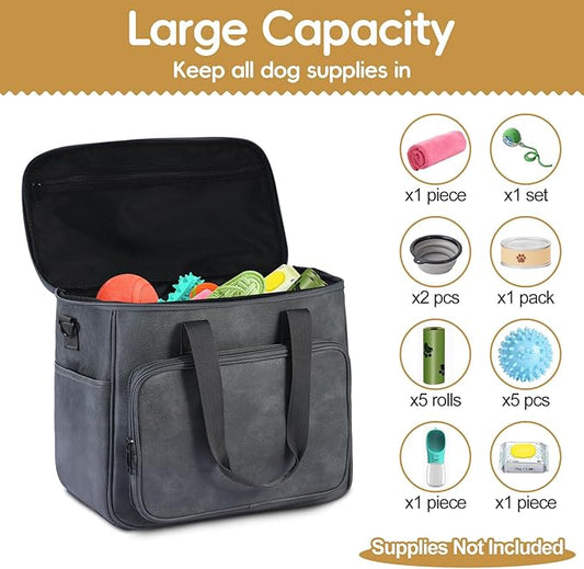 Dog Travel Bag, Leather Travel Pet Bag Set for Dog and Cat, Airline Approved Tote Organizer with Multi-Function Pockets, 2 Food Storage Containers, 2 Collapsible Bowls