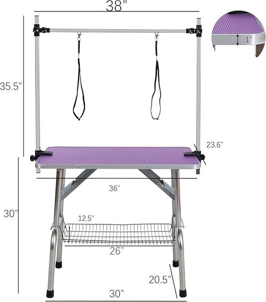 Pet Grooming Table, 32" Adjustable Height Dog Grooming Table with H-Type Arm & Stainless Steel Legs, Non-Slip E1 Grade Top, Tool-Free Folding, Portable for Professional & Home Use(Purple, 36inch)