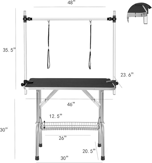 Pet Grooming Table, 46" Adjustable Height Dog Grooming Table with H-Type Arm & Stainless Steel Legs, Non-Slip E1 Grade Top, Tool-Free Folding, Portable for Professional & Home Use (Blakc, 46inch)