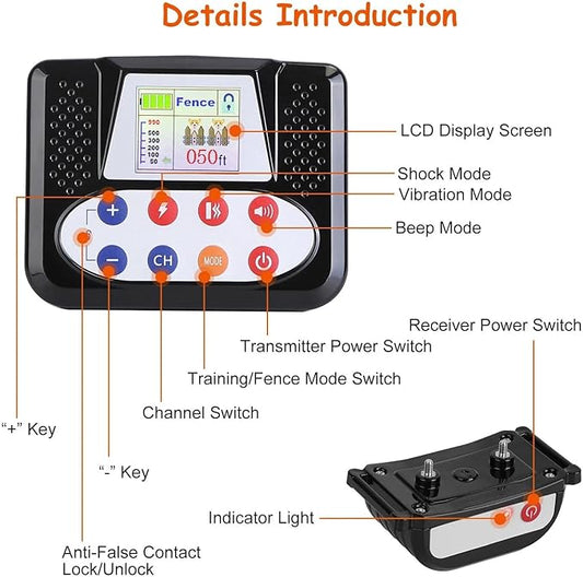 Wireless Dog Fence, 2024 Pet Boundary Containment System, Electric Dog Fence & Remote Training Collar 2in1, Adjustable Vibration & Shock, IP65 Waterproof Collar for Large and Medium Dogs ,for4dogs