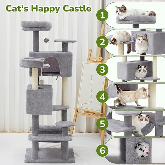 Cat Tree Tower with Large Hammock 54in Multi-Level Cozy Large Cat Tree with 2 Condo Top Perch Scratching Posts and Fun Cat Toys for Indoor Cats(Light Gray)