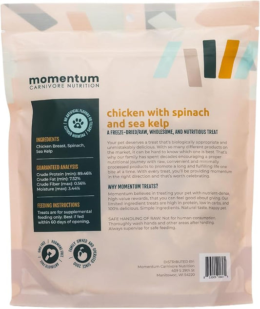 Momentum Carnivore Nutrition Freeze-Dried Chicken, Spinach & Sea Kelp Dog Treats – Single-Ingredient, Dog & Cat Treats – High-Protein, Grain-Free– 3 oz Bag