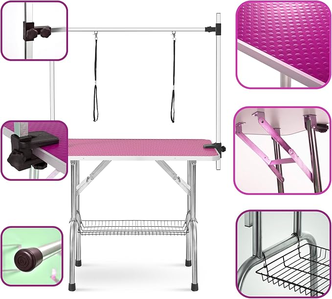 Pet Grooming Table, 36" Adjustable Height Dog Grooming Table with H-Type Arm & Stainless Steel Legs, Non-Slip E1 Grade Top, Tool-Free Folding, Portable for Professional & Home Use (Pink, 36inch)